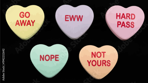 A playful and defiant array of conversation candy hearts featuring humorous anti-romantic phrases, ideal for expressing a unique and less traditional view on affection and dating culture