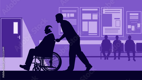 Caring individual providing assistance to an elderly patient in a wheelchair within a medical facility waiting area, highlighting support and healthcare