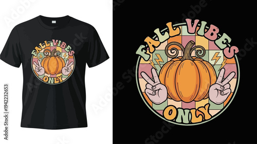 Stylish Autumn Pumpkin Graphic with Peace Signs and 'Fall Vibes Only' Text, Perfect for Apparel