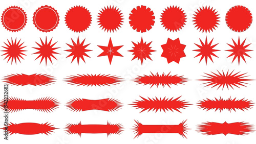 A collection of various red starburst and jagged-edge shapes, perfect for graphic design and celebratory elements