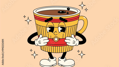 A retro-style cartoon illustration of a coffee cup with a face, arms, and legs, looking shy and embracing itself, surrounded by sparkles
