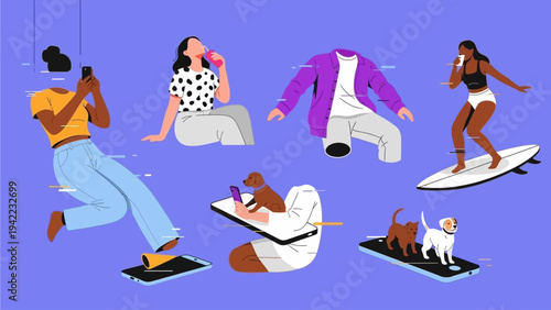 Vibrant illustrations capturing diverse modern lifestyles, showcasing individuals engaging with technology, leisure, and fitness activities in a dynamic and contemporary conceptual design