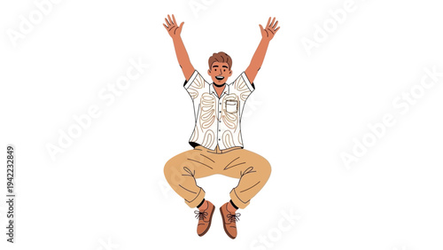Energetic man with arms raised in a joyful jump, celebrating success or happiness