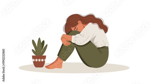 Illustration of a woman curled up in distress, symbolizing sadness and mental health struggles