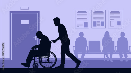 Caregiver gently pushes a patient in a wheelchair through a hospital waiting room, illustrating medical assistance, compassionate support, and patient care within a healthcare facility setting