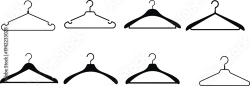 Clothes hanger vector set with plastic and wooden wardrobe hangers silhouette icons isolated on white background for laundry, clothing storage and retail display design