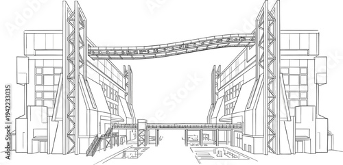 Modern industrial complex architectural perspective featuring symmetrical structural towers, a curved sky-bridge connection, and utility walkways.