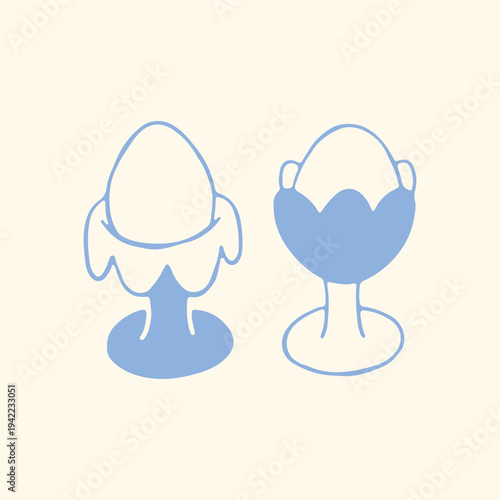 Hand drawn egg cups shaped like flower goblets in minimalist blue line style. Elegant poached egg holders vector for breakfast themes, kitchen decor, brunch menus, tableware design and food graphics