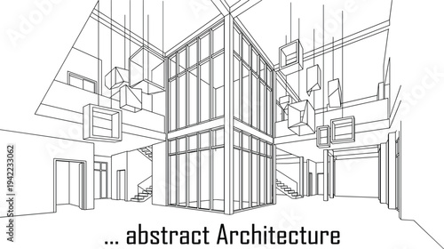 Modern interior architectural atrium featuring a multi-story glass core, mezzanine levels, and suspended geometric cube light installations.