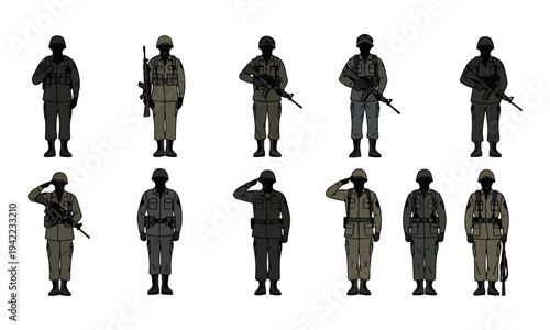 Set of Twelve Soldier Silhouettes Standing and Saluting