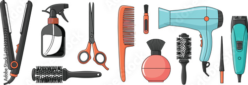 Hairdressing and beauty salon tools vector set including hair dryer, scissors, comb, spray bottle, trimmer and styling brush isolated on white background