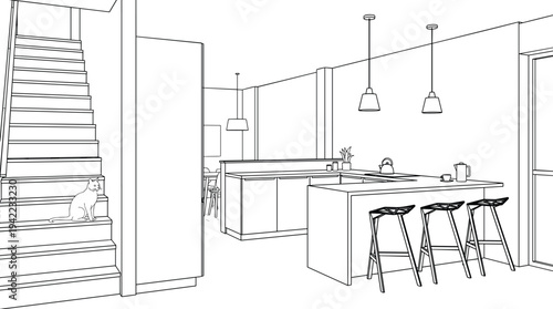 Modern kitchen interior perspective featuring slatted wood room divider with floating shelves and integrated breakfast bar.