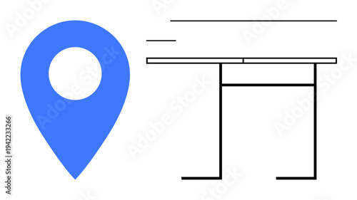 Location tracking, workspace organization, digital tools, office design, navigation apps, productivity methods. Blue location pin next to a desk outline. Navigation apps and workspace organization