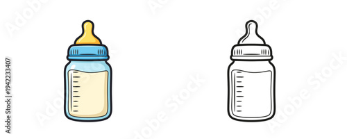 Cartoon baby feeding bottle illustration in flat colored and linear styles with milk and yellow nipple used for nursery infant care equipment isolated on white background