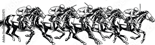 Horse racing jockeys galloping on racehorses vector illustration, dynamic equestrian sport scene with competitive riders isolated for championship racing, betting concept and sports design