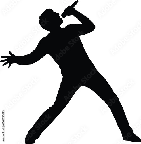 Male singer silhouette performing with microphone, energetic rock or pop vocalist stage pose vector illustration isolated on white background for music, concert and entertainment design