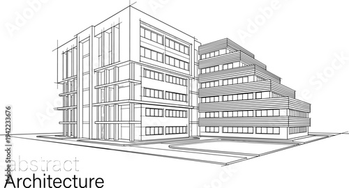 Modern mixed-use office complex architectural perspective sketch featuring a tiered structural design and a contemporary glass facade.