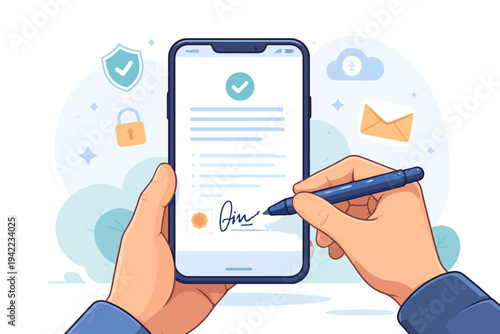 Electronic signature on smartphone screen for digital contract and legal agreement. Hands signing document with stylus pen on mobile device. Secure business transaction and paperless technology.