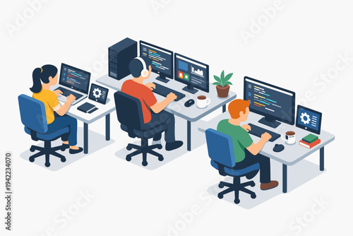 Isometric vector illustration of software engineers and programmers working on computers in a modern office. Developers coding and collaborating on web development projects at workstations.