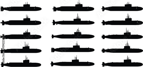 Submarine silhouette vector collection featuring multiple military underwater naval vessels isolated on white background for defense, navy fleet, maritime warfare and ocean technology design