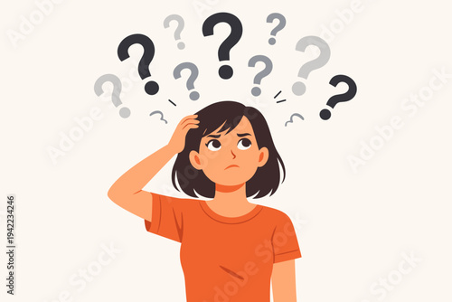 Vector illustration of a confused young woman scratching her head while thinking, looking up at many floating question marks, seeking a solution or answer to a difficult problem or decision.