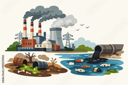 Industrial factory polluting air with smoke, water with toxic sewage, and soil with chemical waste. Flat vector illustration showing environmental damage, dead fish, and ecological catastrophe.