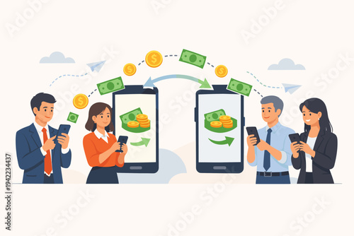 Business people sending and receiving money using mobile phone apps for online banking, digital wallet transactions, and global financial transfers. Vector illustration of fintech and mobile payment.