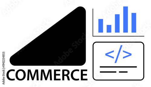 E-commerce, online analytics, web development, data insights, digital sales, business strategy. Chart and coding graphic with commerce text. E-commerce and digital sales concept