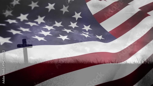Gusts pushing American flag rippling, reshaping stars and stripes, revealing cross evoking memorial