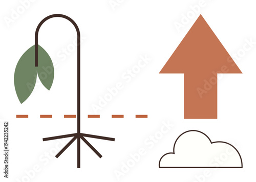 Sustainability, growth, change, resilience, environmental impact, and recovery. A wilting plant, orange upward arrow and cloud featured. Growth and sustainability
