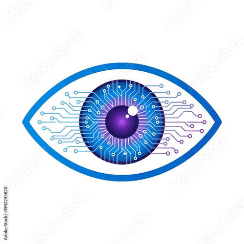 Conceptual AI vision eye with intricate circuit board details, representing advanced technology, digital surveillance, and futuristic intelligence systems