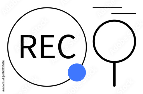Recording, media research, audio tools, user interface, minimalism, and technology. Bold REC in a circle with a blue dot and a magnifying glass. Recording and media research concept