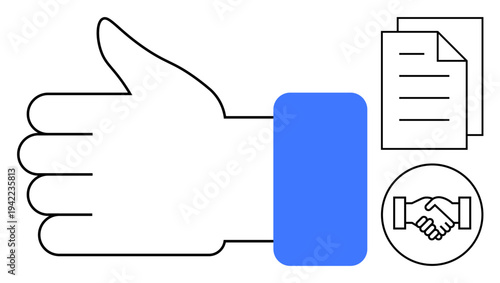Agreement concept. Thumbs up icon, handshake symbol, and document theme agreement, approval, and collaboration. Agreement in business, contracts, teamwork partnerships communication