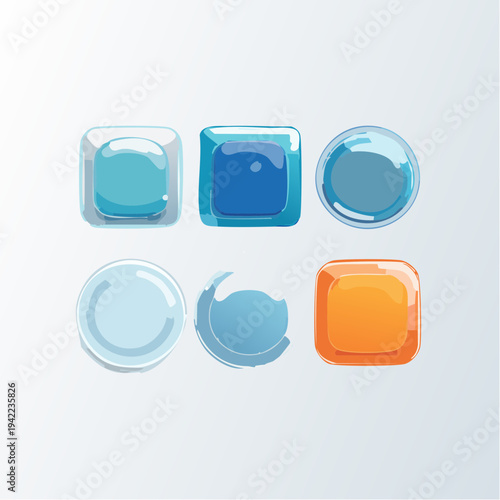 Zestaw sześciu przezroczystych, błyszczących przycisków i ikon w kształcie kulek i kwadratów na białym tle.