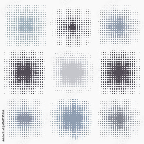 Zestaw dziewięciu abstrakcyjnych wzorów rastrowych z kropkami w odcieniach szarości i błękitu, przezroczysty tło.