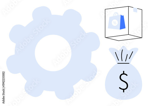 E-commerce, financial growth, business operations, online shopping, retail, budgeting. Large gear icon, shopping bag and money bag. E-commerce and financial growth concept