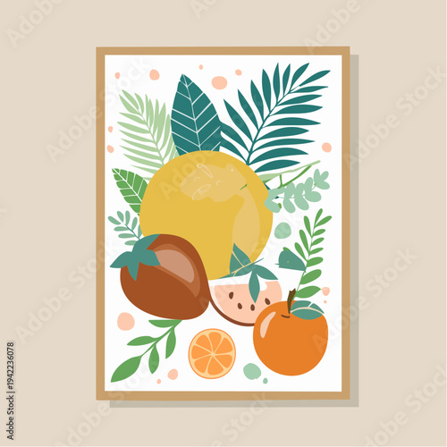 Ilustracja graficzna z owocami cytrusowymi, liśćmi palmowymi i tropikalną kompozycją w ramce.