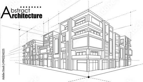 Professional architectural wireframe of a modern multi-story apartment complex with balcony units and technical perspective grid lines