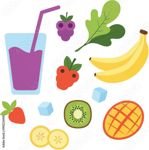 Illustration of Fresh Fruit Smoothie Ingredients with Glass and Straw