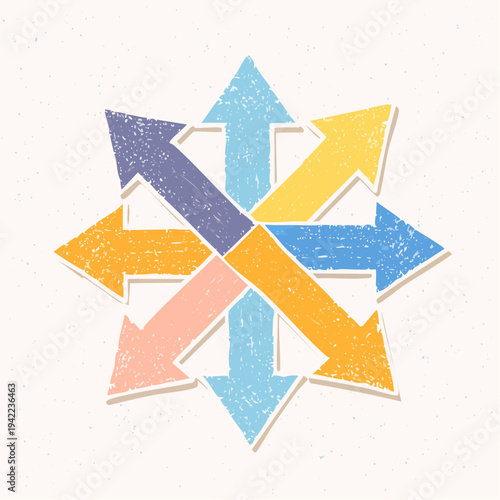 Ośmioramienna, kolorowa grafika strzałek wskazujących różne kierunki na jasnym tle
