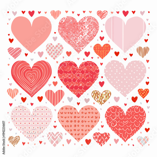 Zestaw różnorodnych serc z teksturami i wzorami na przezroczystym tle, idealny na Walentynki.