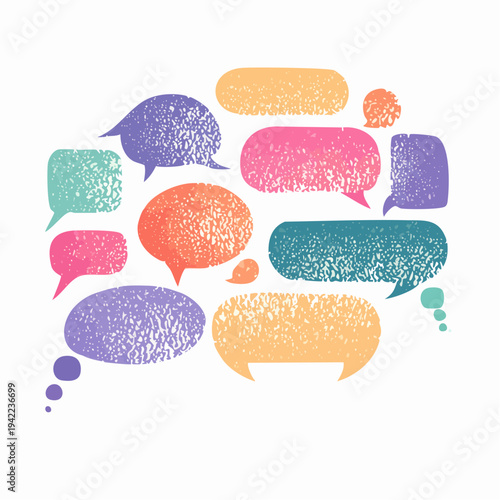 Kolorowe, teksturowane dymki czatu i dialogu na białym tle, symbolizujące komunikację i rozmowę.