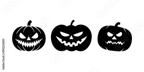 Spooky Halloween pumpkin arrangement with glowing carved faces, magic tree branches, and fall foliage illustration.