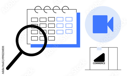 Time management, scheduling tools, online meetings, remote work, digital planning, e-commerce solutions. Magnifying glass zooming on a calendar, video icon and commerce bag. Time management