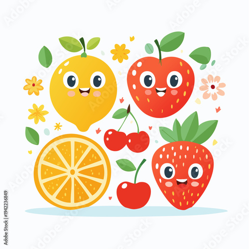 Urocza kompozycja kreskówkowych owoców: cytryna, pomarańcza i truskawki z wesołymi buźkami.