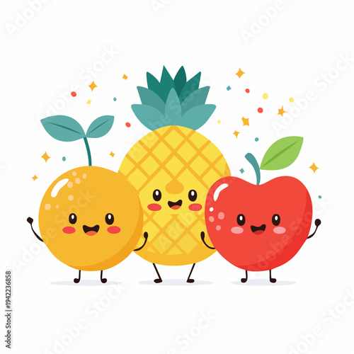 Urocza grafika wektorowa przedstawiająca szczęśliwe owoce: ananas, pomarańczę i jabłko na przezroczystym tle.