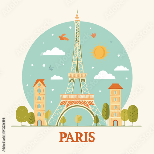 Urocza ilustracja Wieży Eiffla w Paryżu z elementami architektonicznymi i błękitnym niebem.