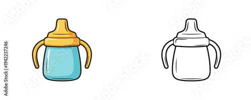 Cartoon baby sippy cup illustration in flat colored and linear styles with handles and spout used for nursery feeding equipment isolated on white background