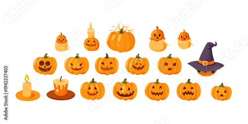 Spooky Halloween pumpkin arrangement with glowing carved faces, magic tree branches, and fall foliage illustration.