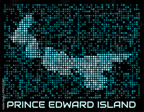 Prince Edward Island, Canada digital dotted map. Shape of the province in cyan color palette on dark background. Futuristic Prince Edward Island, Canada map design. Vector illustration.